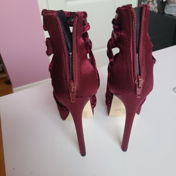 Festive Burgundy Strappy Suede Velvet Platform Stiletto Heels JustFab - Picture 7 of 11